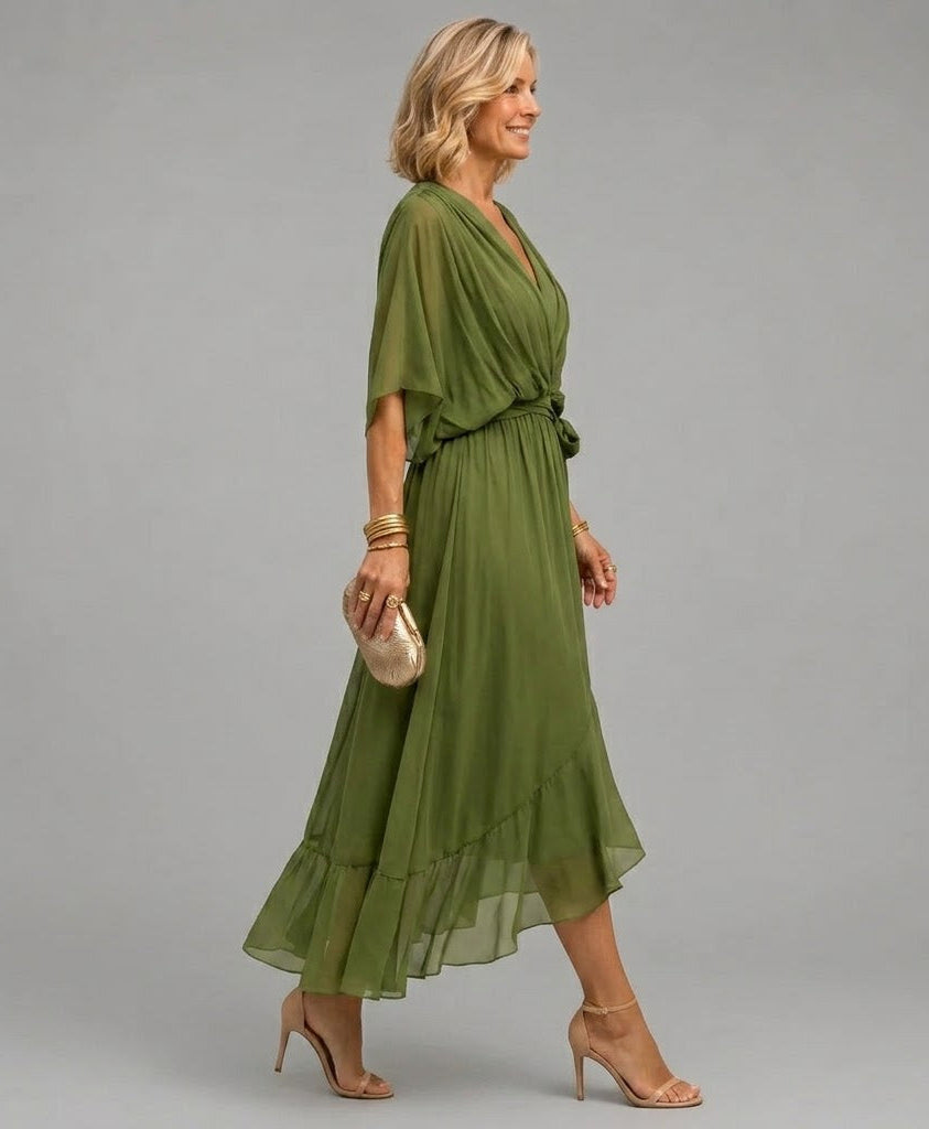 Green V-neck wrap midi dress with waist tie and draped sleeves