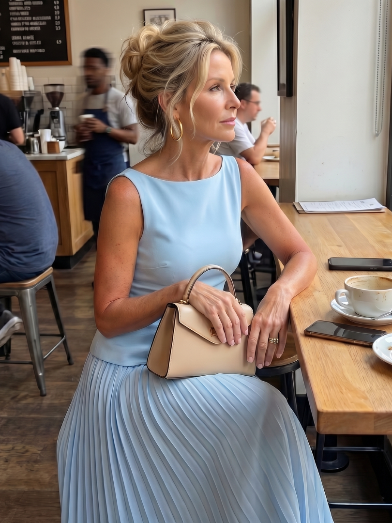 Light blue sleeveless pleated two-piece set with matching skirt