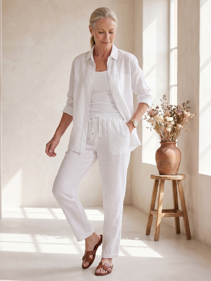 Button-front two-piece set in white: button shirt and drawstring waist pants