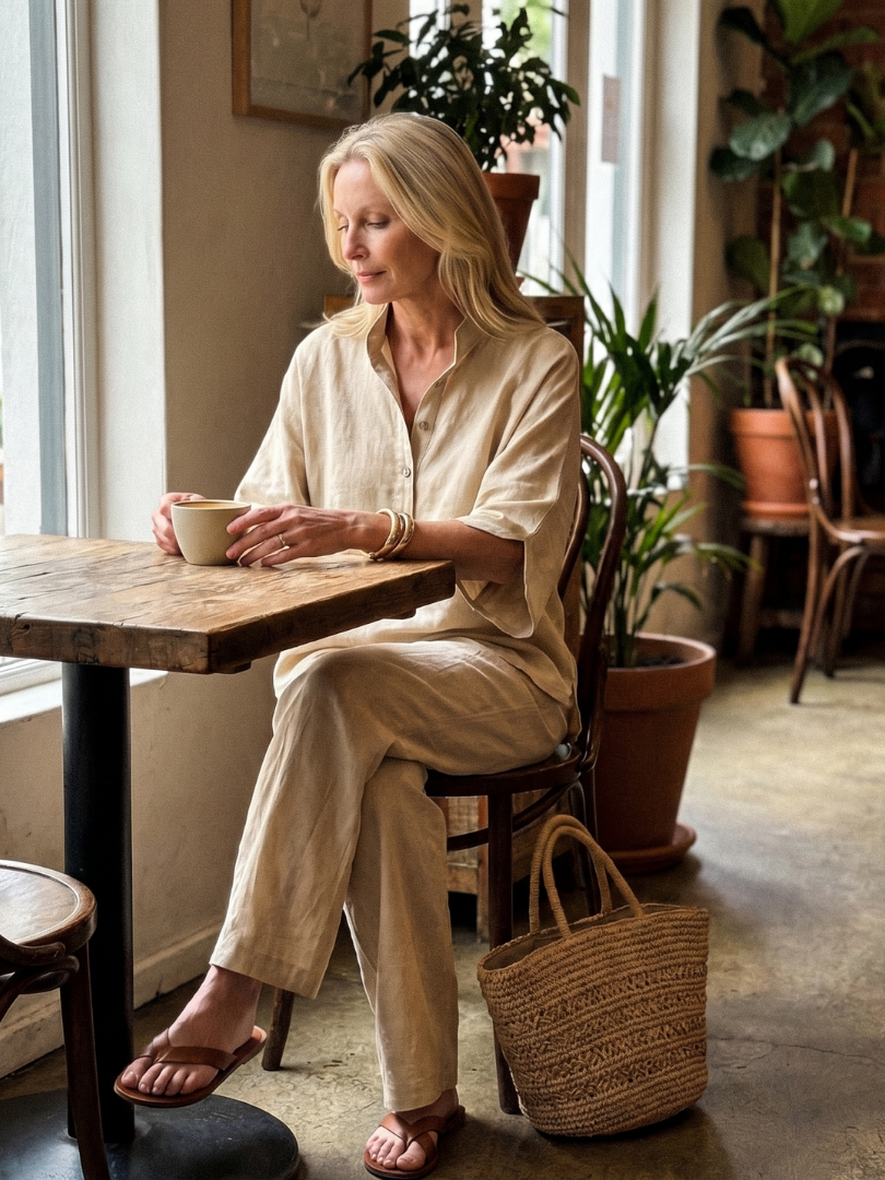 Beige button-up blouse with relaxed sleeves and matching trousers
