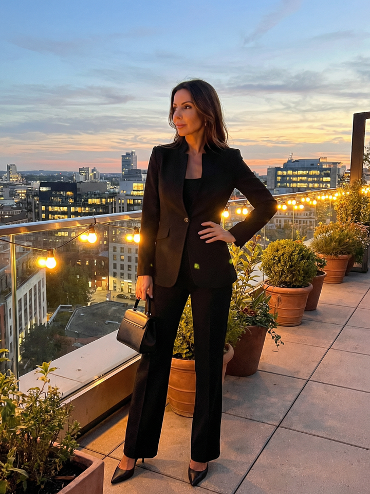 Women’s blazer set in black: fitted blazer with long trousers and a tan handbag.