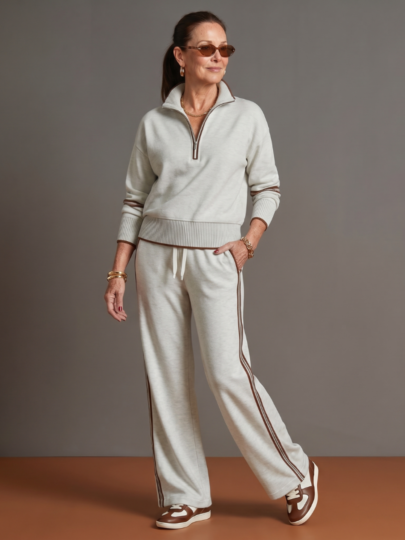 Light quarter-zip sweatshirt and jogger pants set with dark side stripes