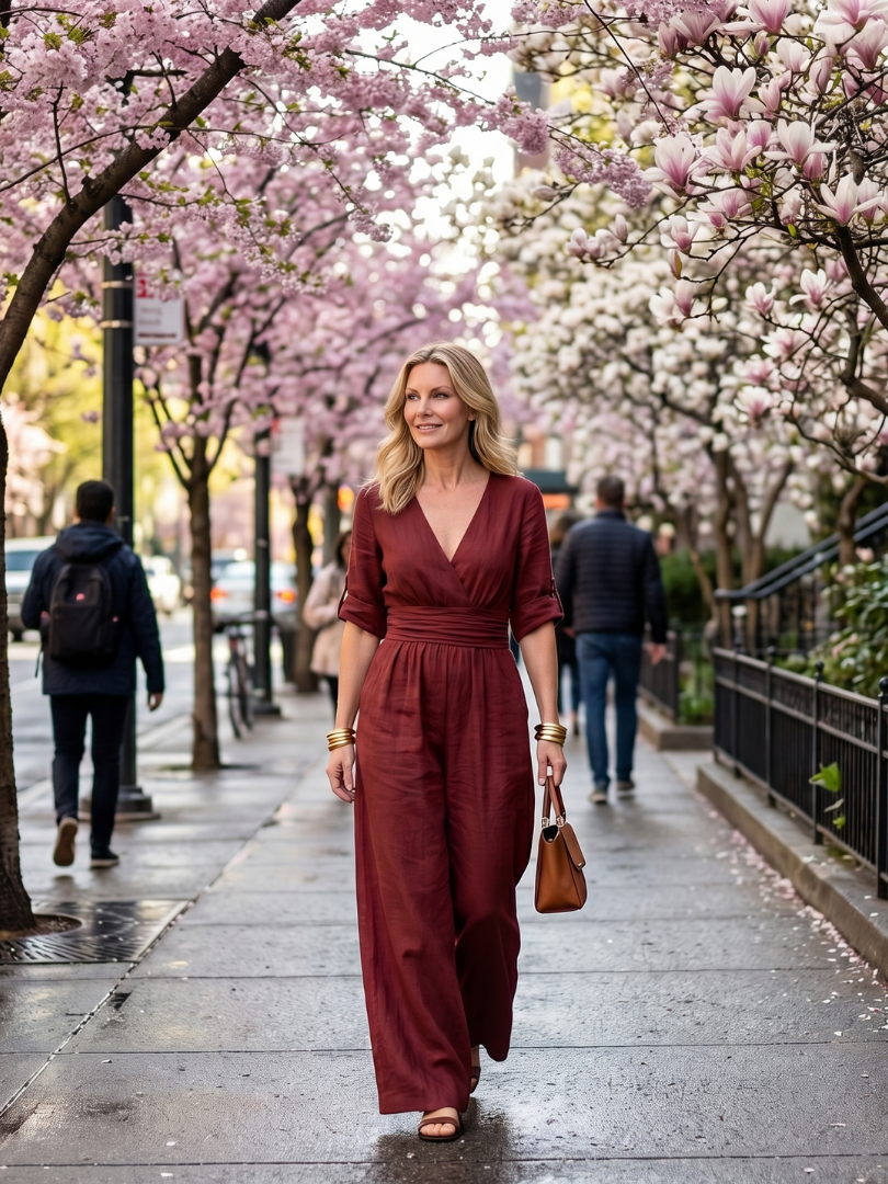 Burgundy wide-leg wrap jumpsuit on model standing outdoors