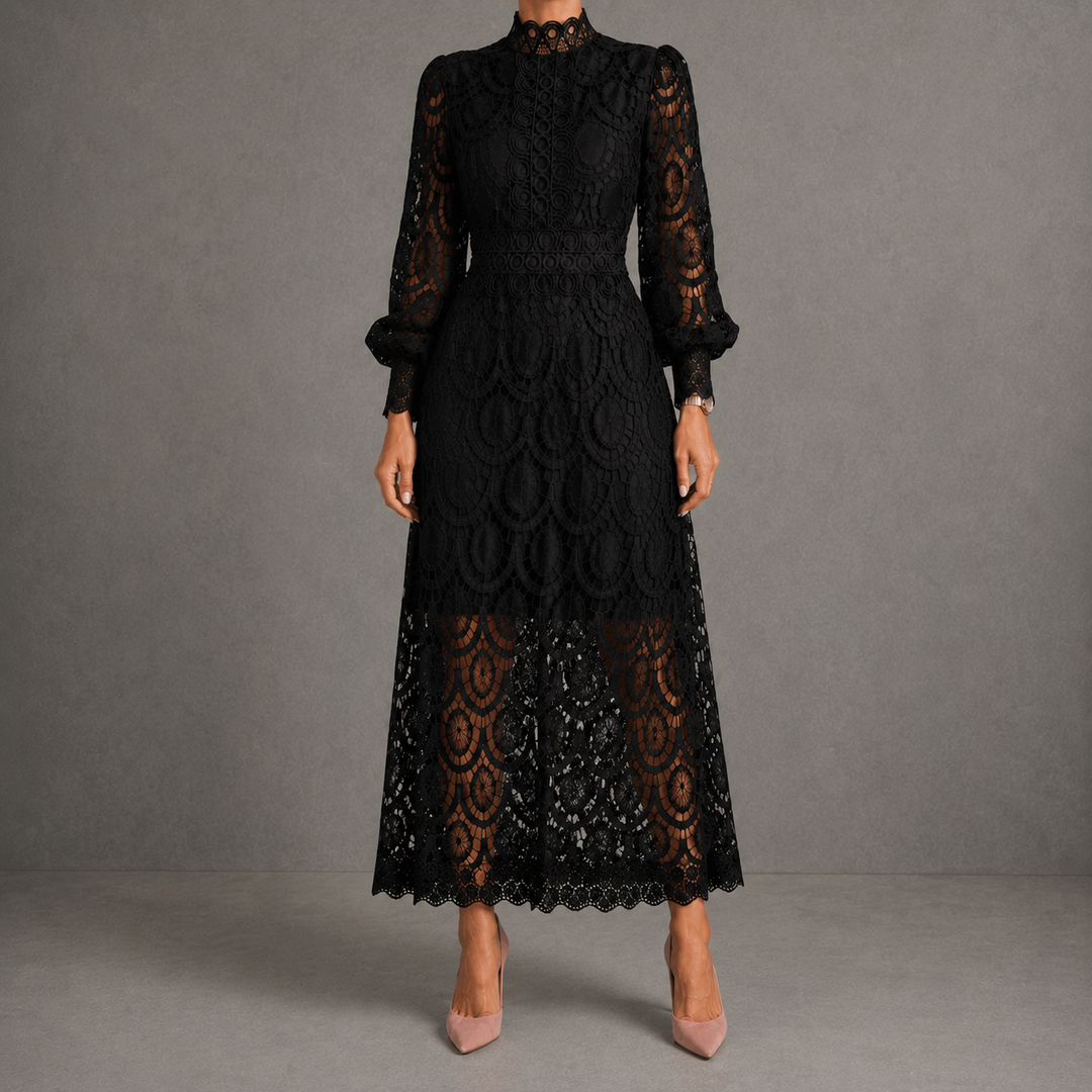 Black lace maxi dress with high neck and long sheer sleeves, scalloped hem