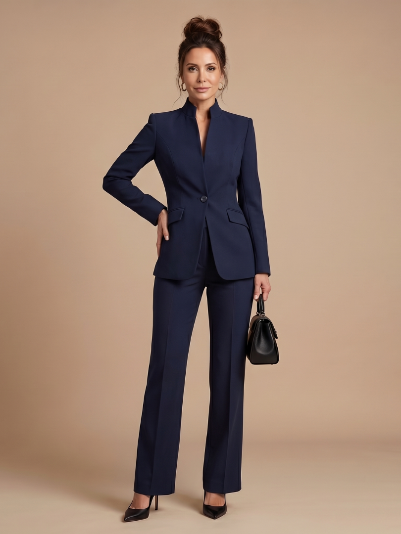 Women’s blazer set in navy blue: tailored blazer with matching trousers and handbag.