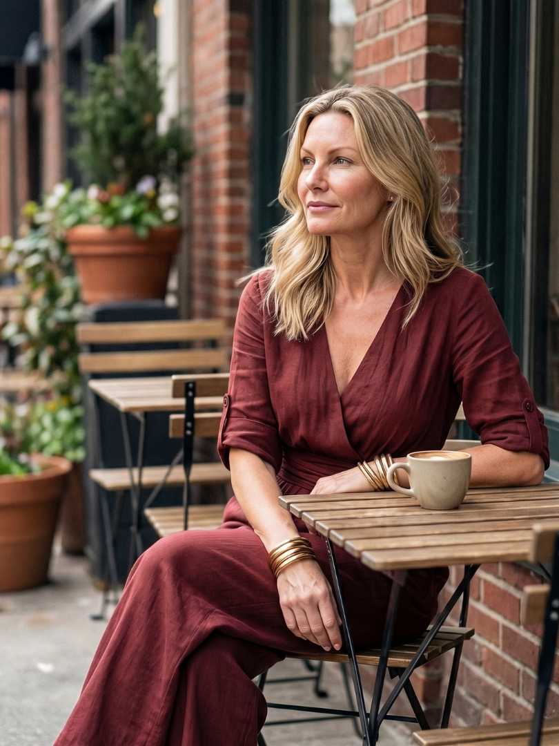 Burgundy wrap jumpsuit with V-neck, half sleeves, sitting pose