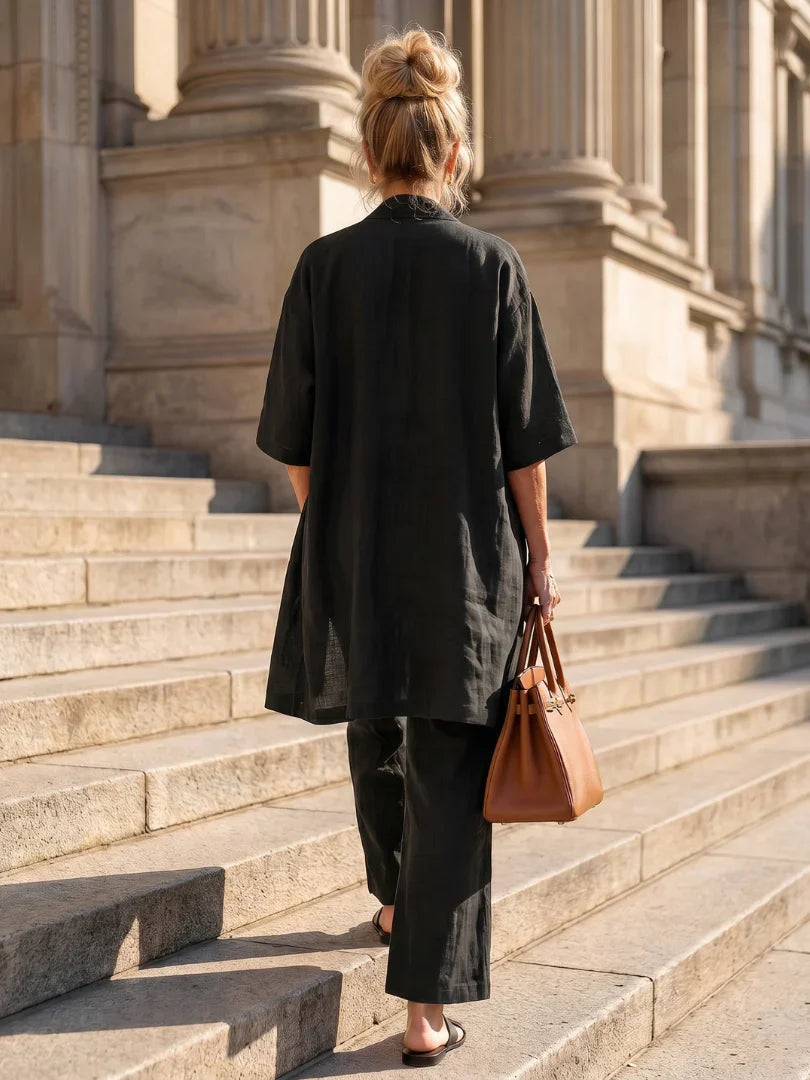 Black lounge set with back view robe and wide-leg pants