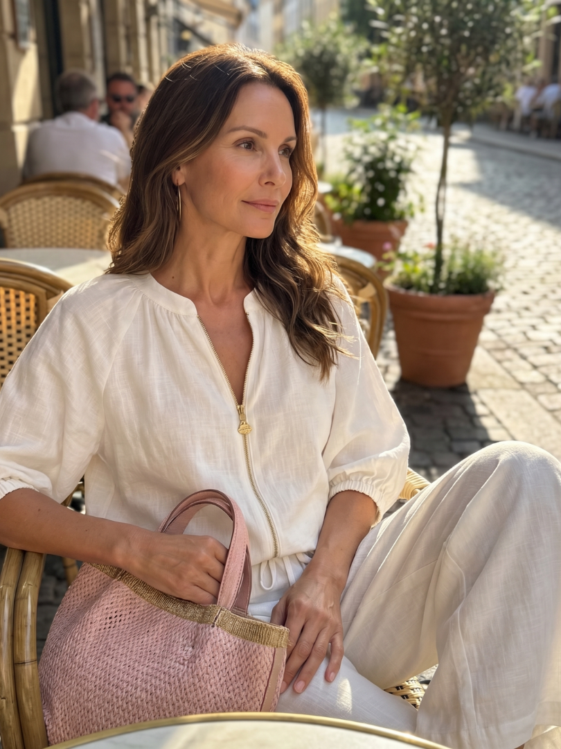 Women’s white 2-piece pants set with front zip and puff sleeves, relaxed wide-leg fit