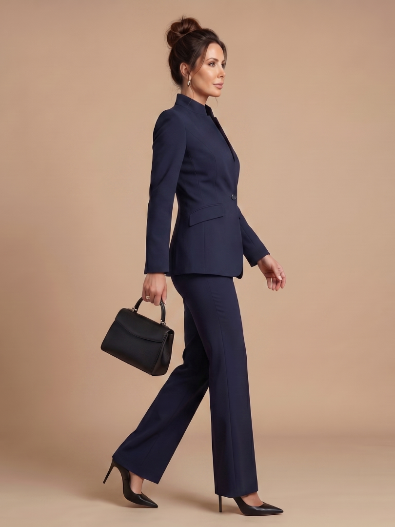 Women’s blazer set in navy blue: side view of blazer and flared trousers with handbag.