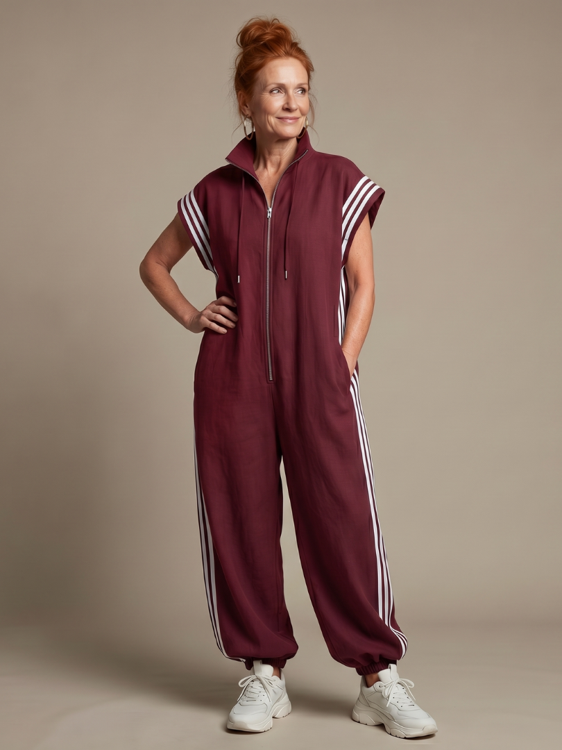 Women’s sleeveless zip-front jumpsuit in maroon with white striped side panels