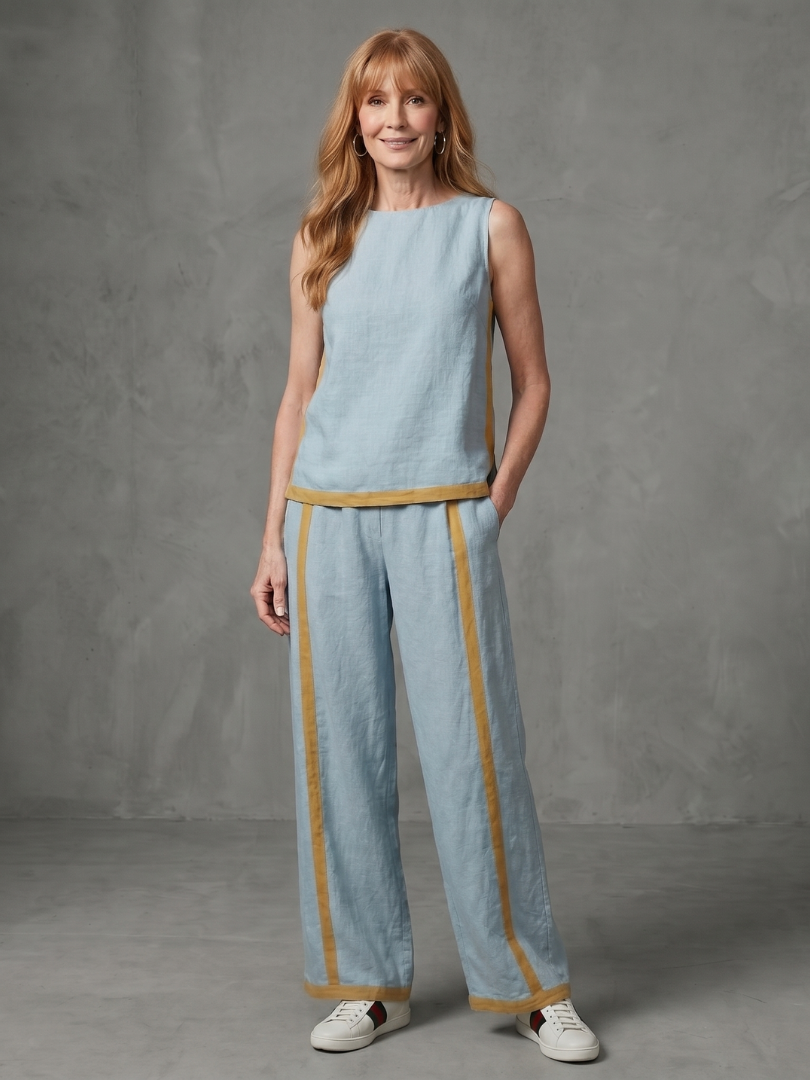 Sky blue linen set with sleeveless top and wide-leg pants, tan contrast trim