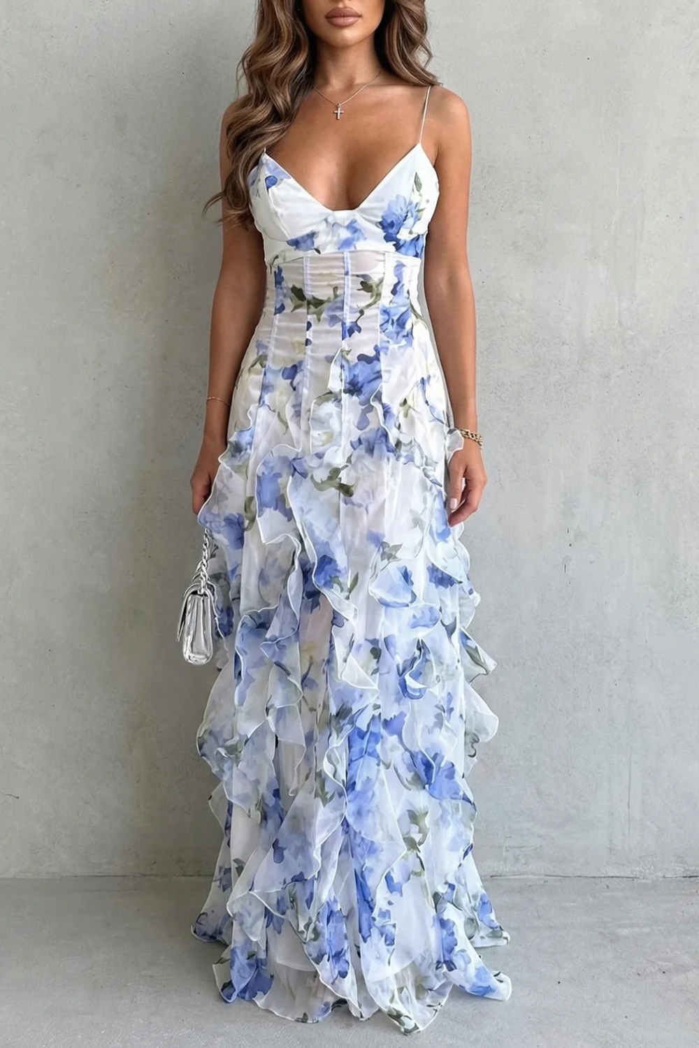 Light blue floral sheer maxi dress with tiered ruffle layers and spaghetti straps