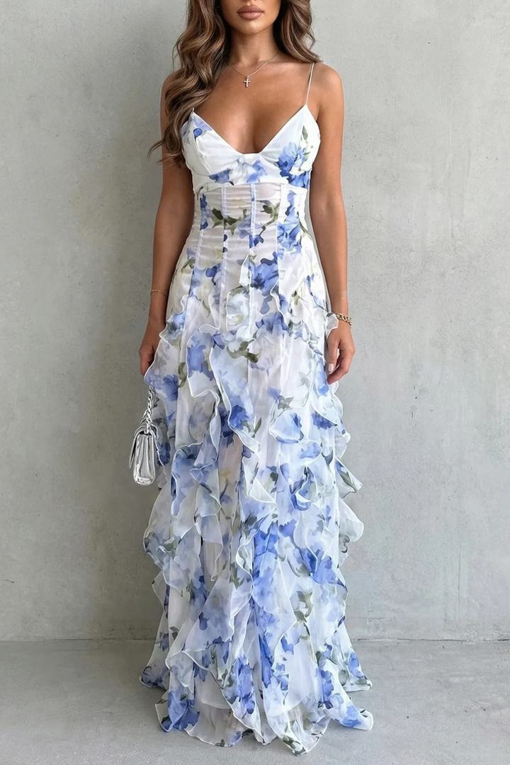 Light blue floral sheer maxi dress with tiered ruffle layers and spaghetti straps