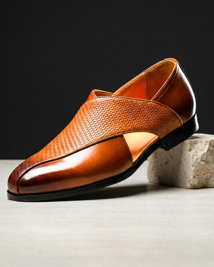 Brown woven slip-on loafers with glossy leather toe and low black sole