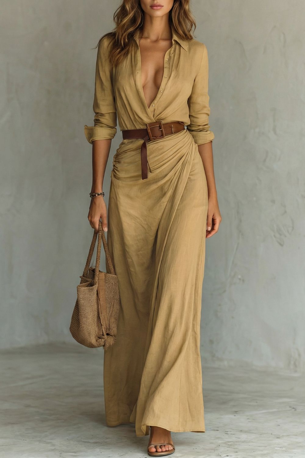 Tan wrap maxi dress with button-front V-neck and long sleeves