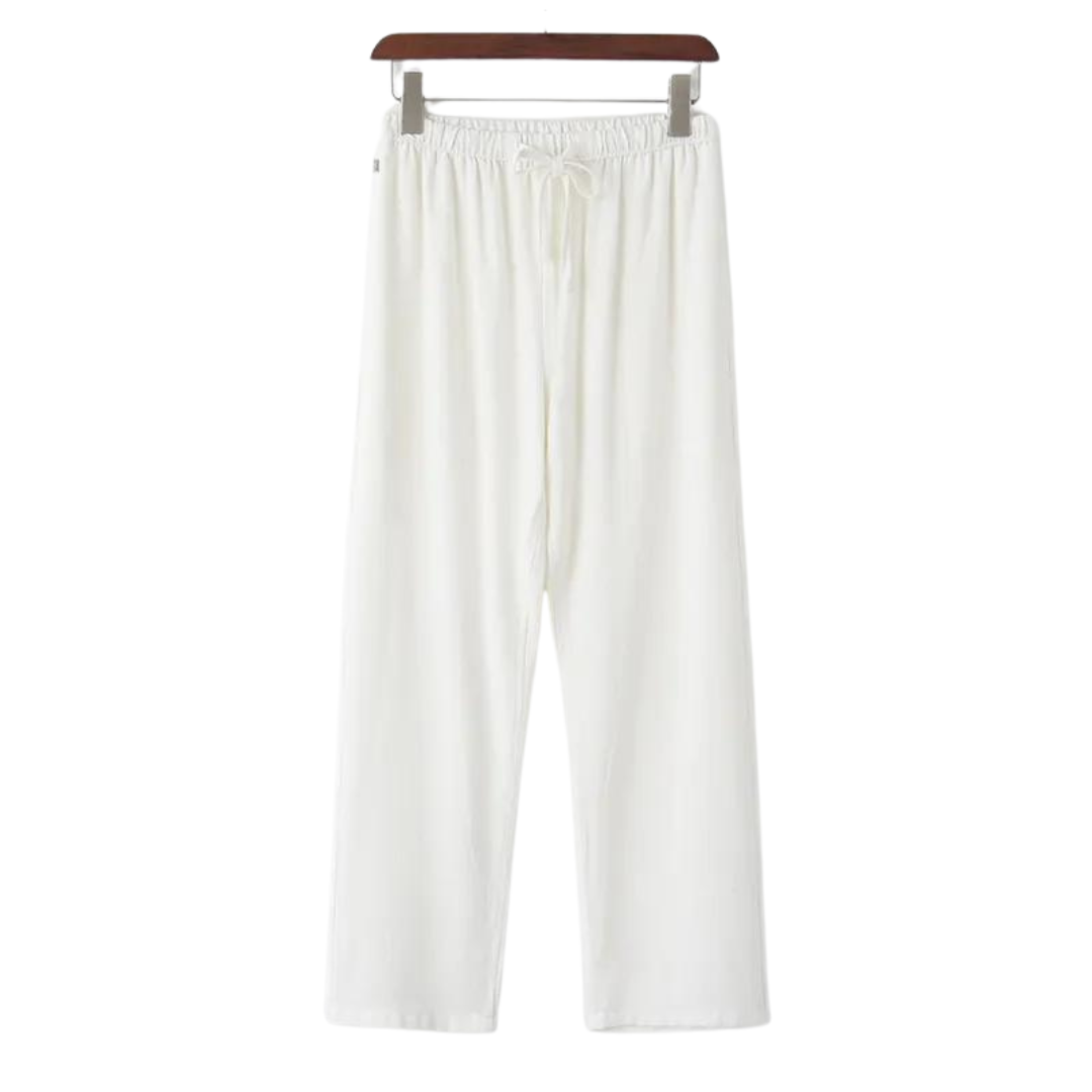 White linen pants with elastic waistband and tie drawstring, straight wide legs