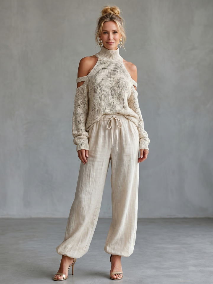 Women’s cutout sleeve knit set, light beige cold-shoulder sweater with drawstring wide-leg pants