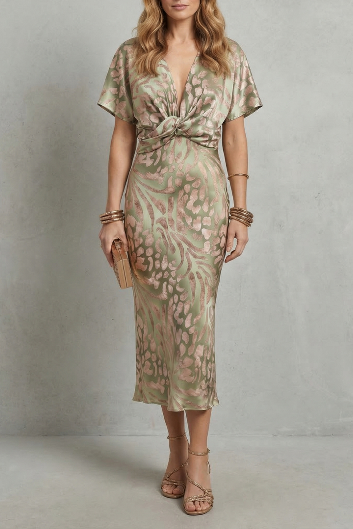 Green draped V-neck maxi dress with knot tie waist and short flutter sleeves