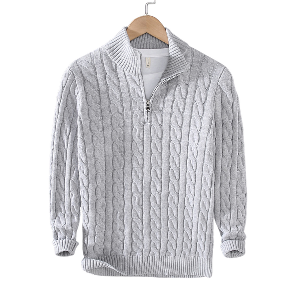 Gray cable-knit half-zip pullover with textured knit and ribbed cuffs and hem