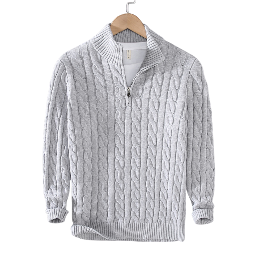 Gray cable-knit half-zip pullover with textured knit and ribbed cuffs and hem