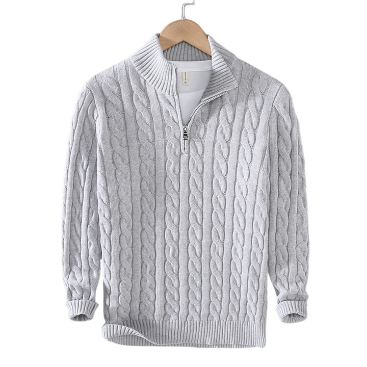 Gray cable-knit half-zip pullover with textured knit and ribbed cuffs and hem