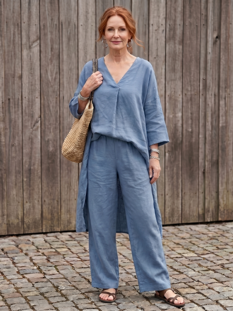 Blue linen two-piece set with V-neck tunic top and wide-leg pants, relaxed fit.