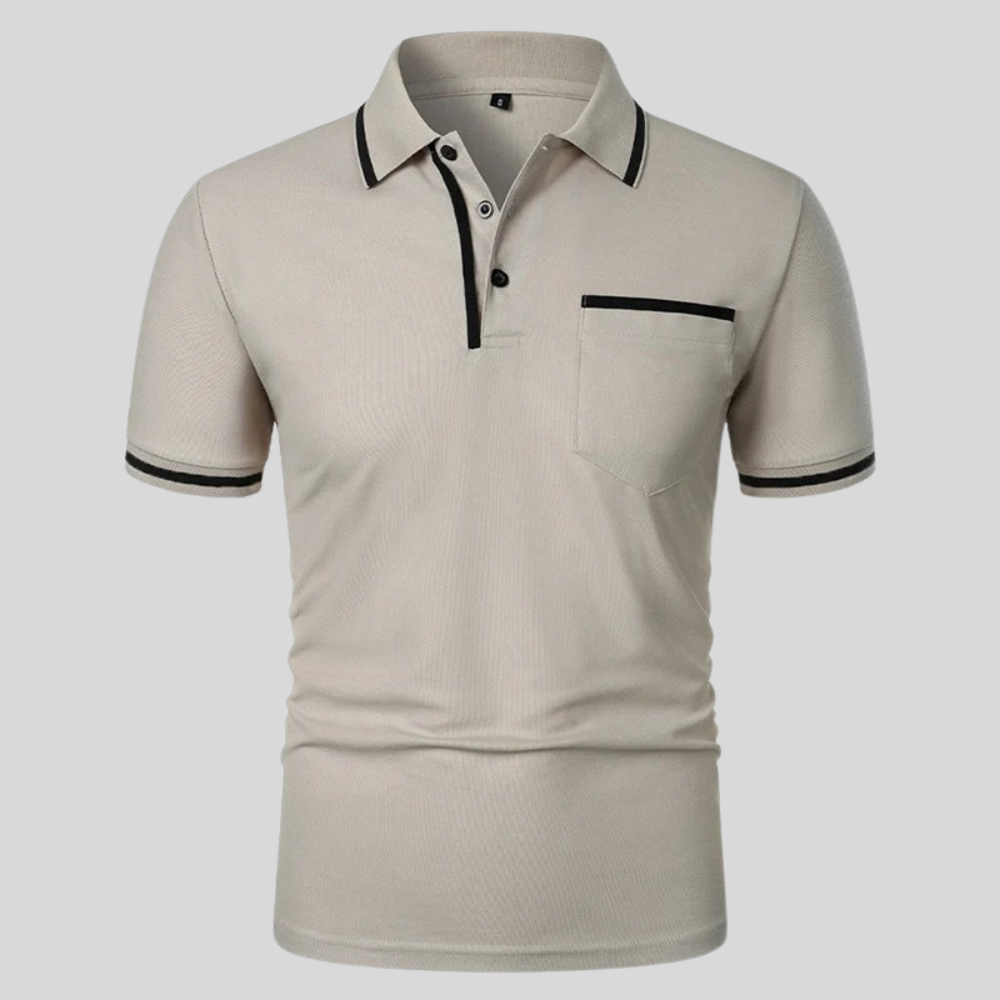 Light gray short-sleeve polo shirt with black collar trim, button placket, and chest pocket.