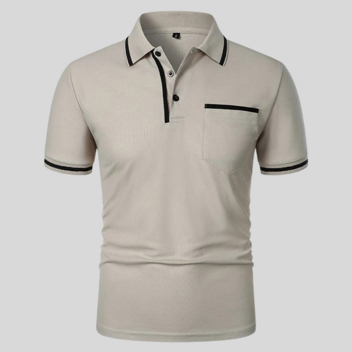 Light gray short-sleeve polo shirt with black collar trim, button placket, and chest pocket.
