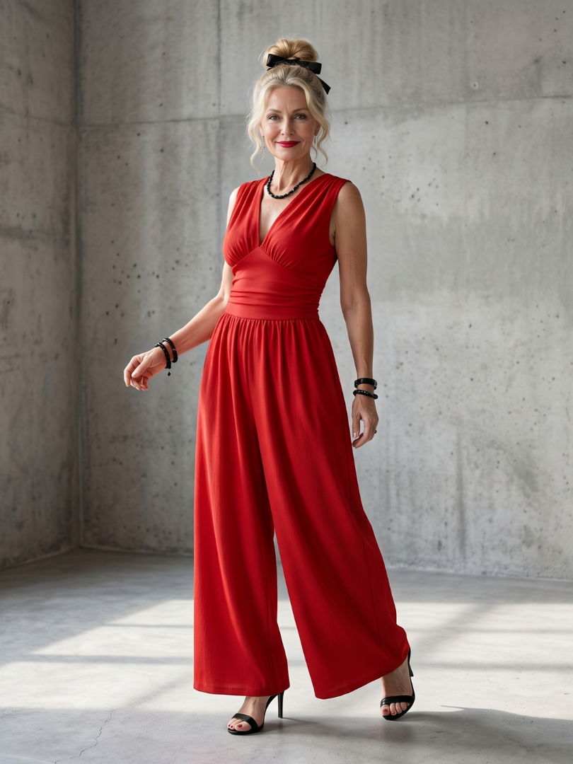Red twist-front sleeveless jumpsuit with gathered waist and wide straight legs