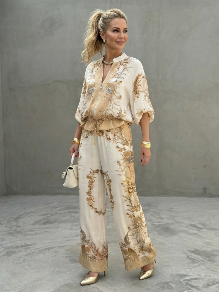 Printed pants set in cream with tan floral, blouse and wide-leg pants, ankle length