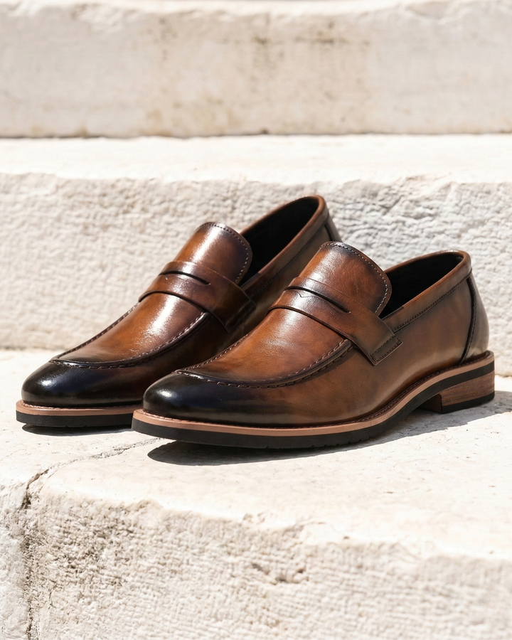 Brown leather loafer with strap detail and low stacked heel