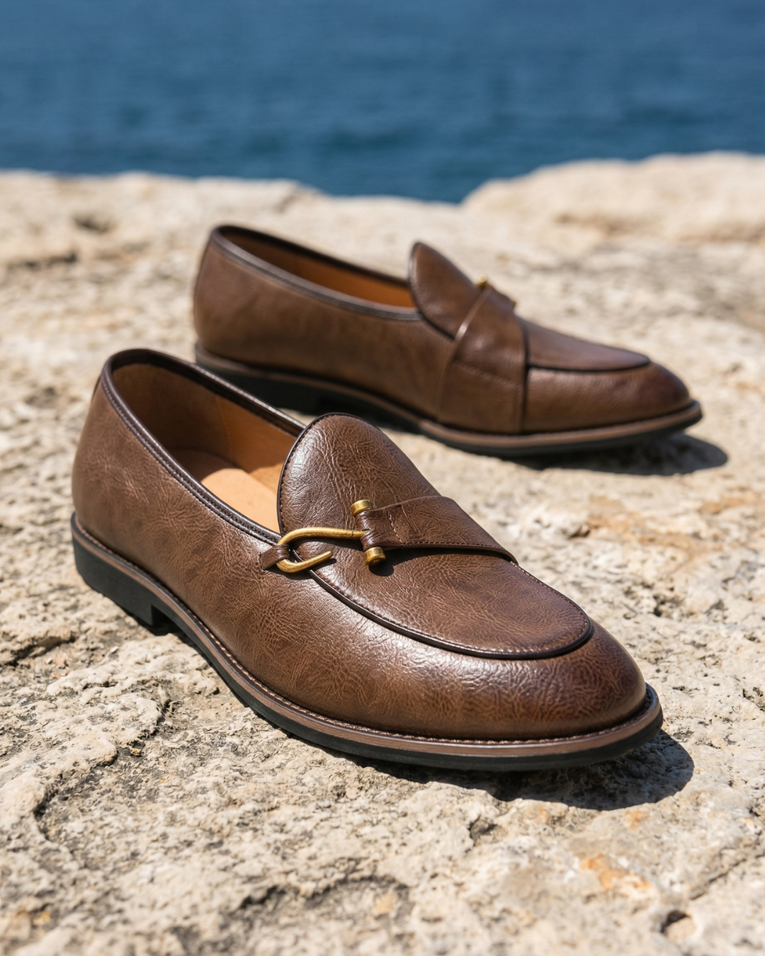 Brown leather nautical loafer with gold-toned bit detail and moc toe stitching