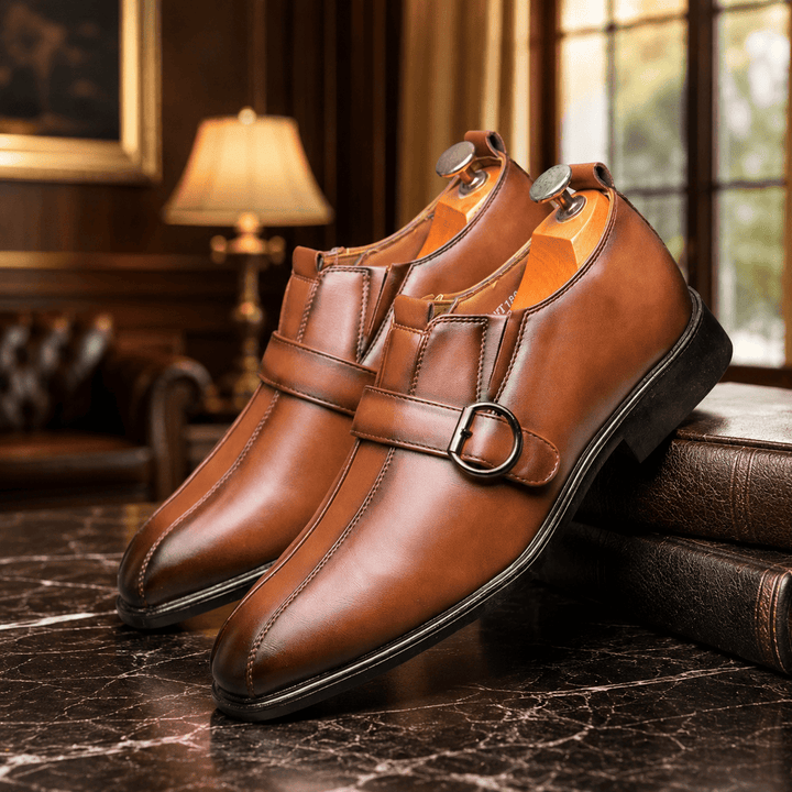 Brown leather formal monk-strap shoes with double straps and metal buckle