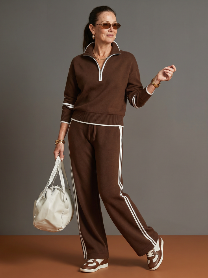 Women’s quarter-zip two-piece set in brown with white trim, knit sweater and track pants