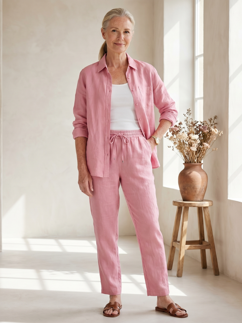 Pink button-front shirt and drawstring pants two-piece set
