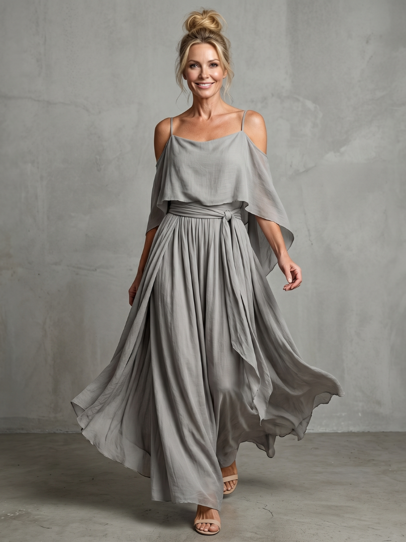 Gray cold-shoulder maxi dress with draped sleeves, pleated skirt, tie waist