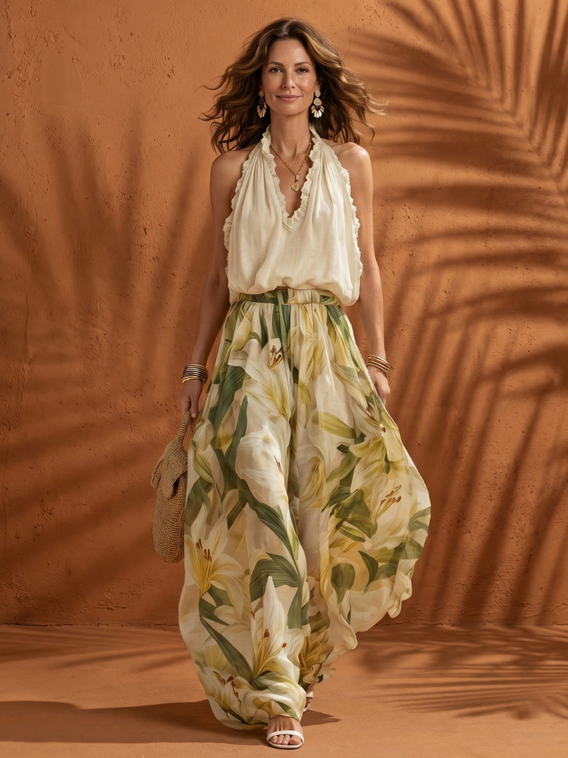 Floral two-piece set: cream halter blouse and wide-leg flowy pants