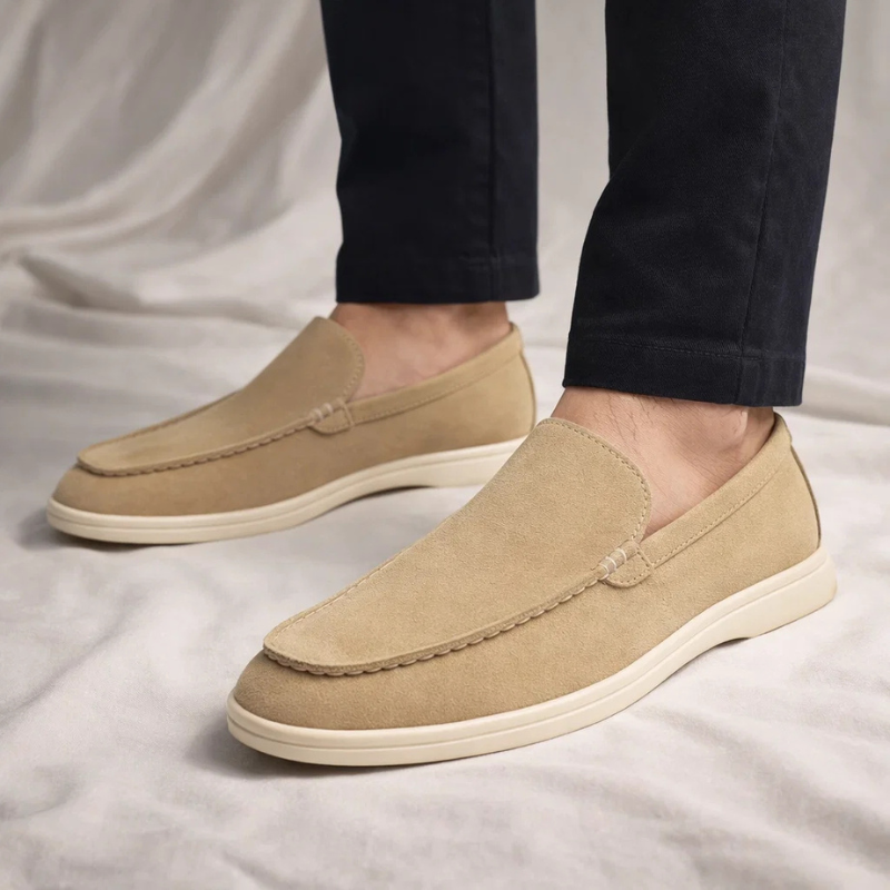 Sand suede slip-on loafer with stitched vamp and white rubber sole