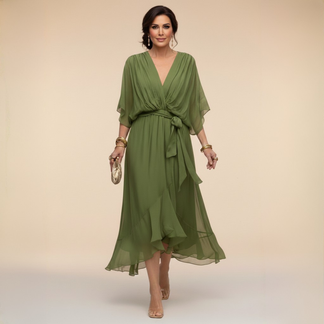 Green V-neck wrap dress with belt tie, loose fit, and airy chiffon finish