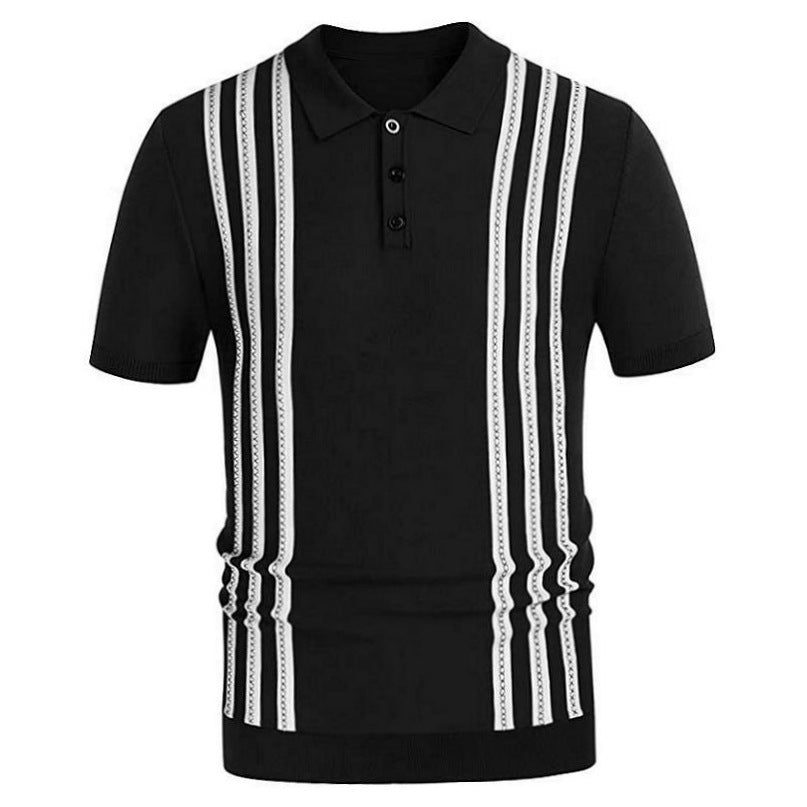 Black short-sleeve polo shirt with vertical white striped panels along the front, button placket