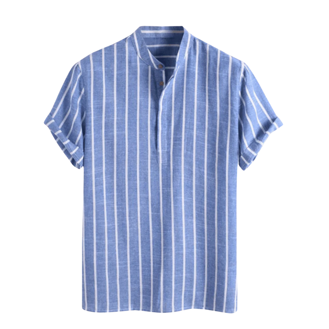 Blue striped polo shirt with short sleeves and buttoned placket