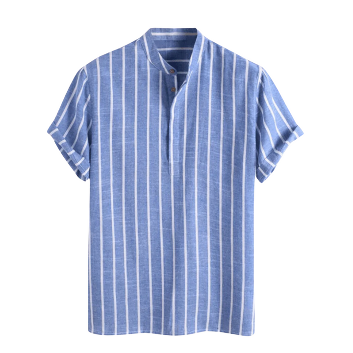 Blue striped polo shirt with short sleeves and buttoned placket