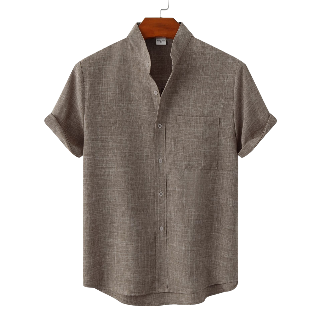 Taupe solid cotton button-up shirt with short sleeves and front buttons.