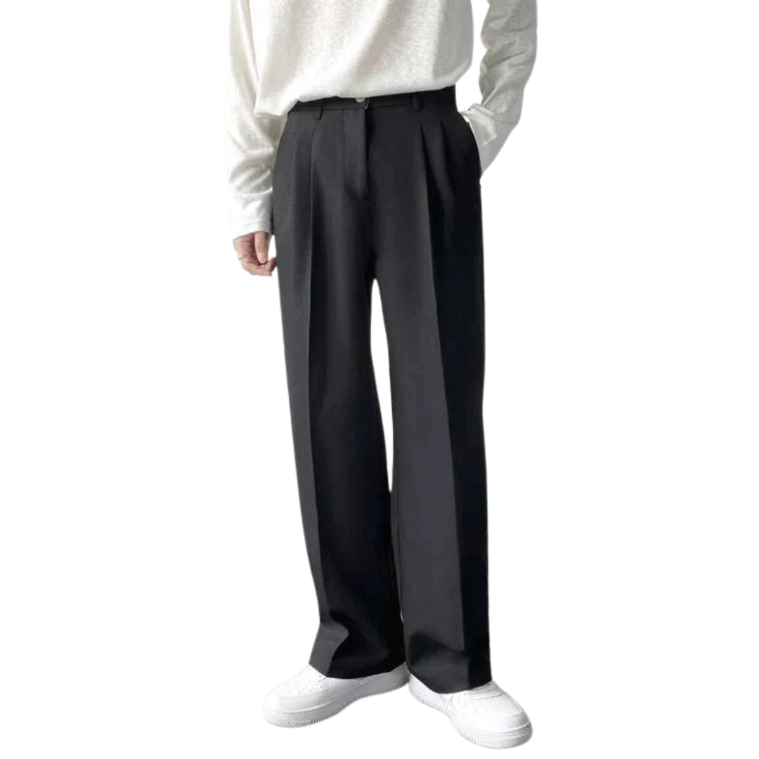 Black pleated wide-leg trousers with waistband and belt loops