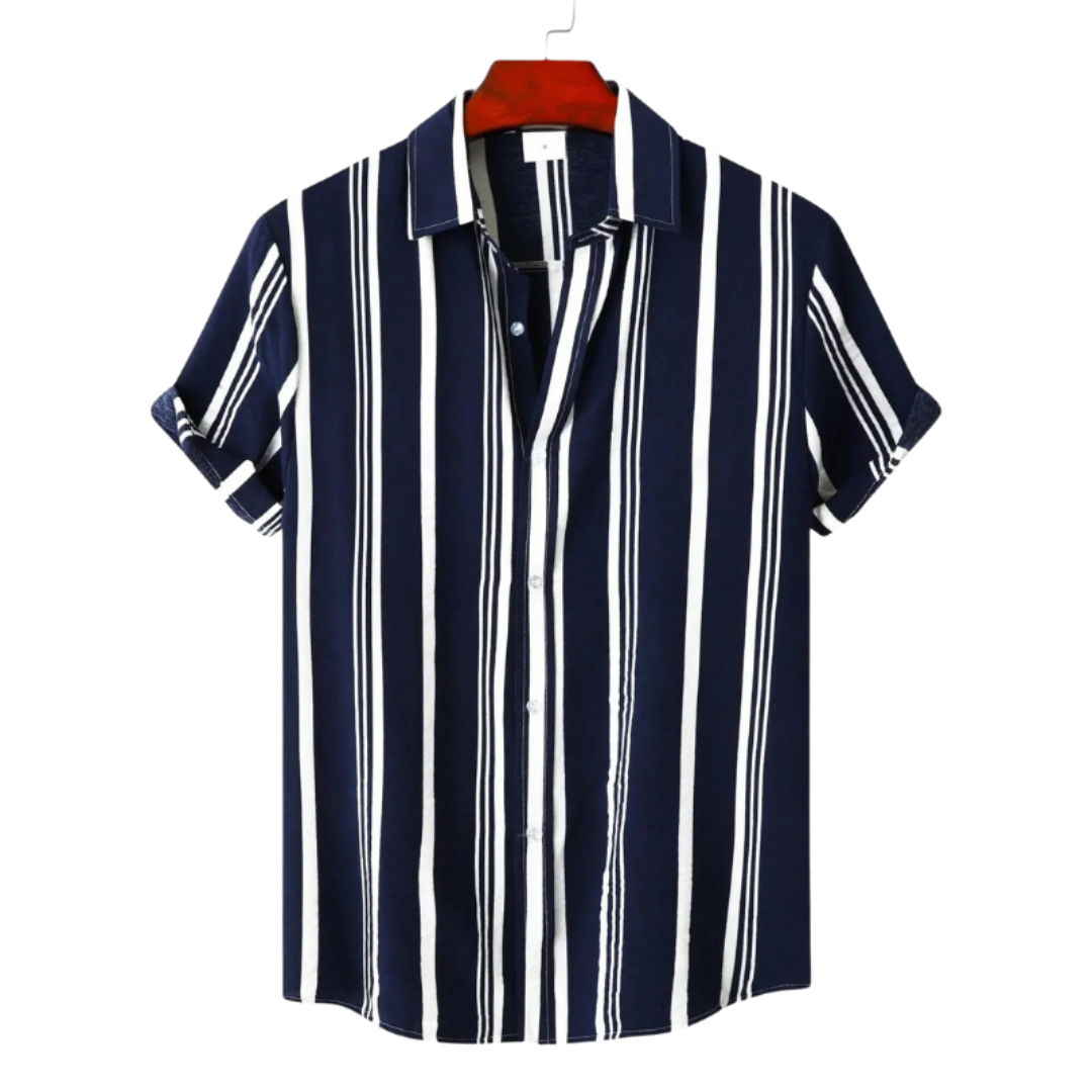 Navy blue short-sleeve striped shirt with white vertical stripes and button front