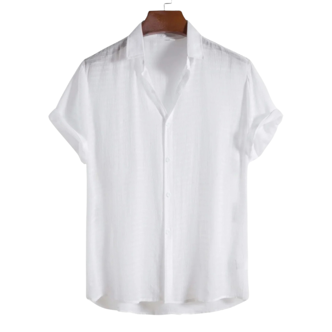 White short-sleeve summer shirt with pointed collar and button-front placket