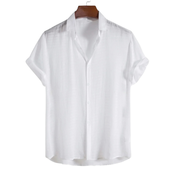 White short-sleeve summer shirt with pointed collar and button-front placket