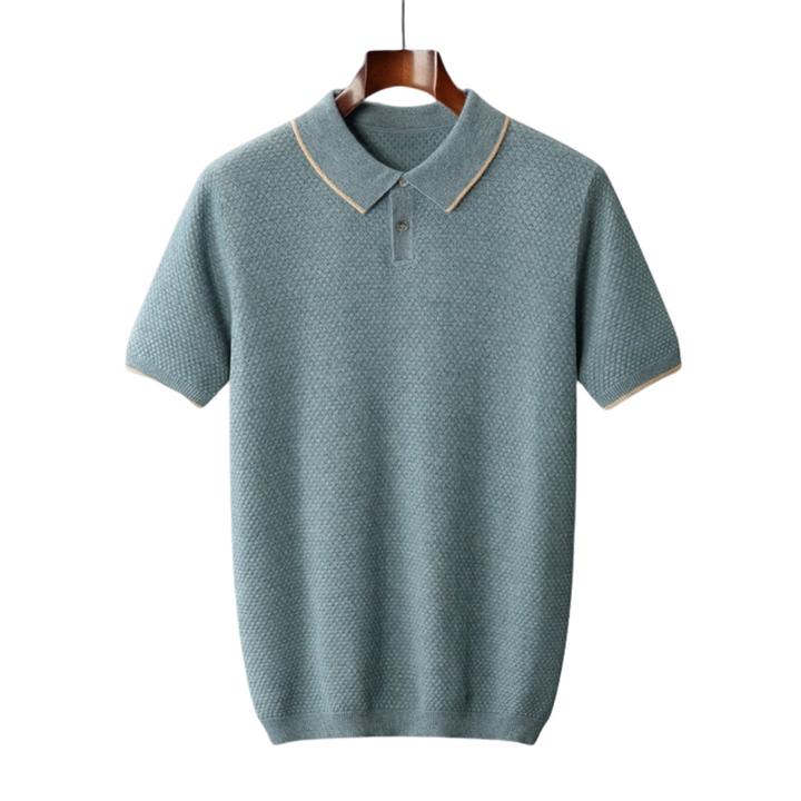 Teal knit polo shirt with ribbed collar and button placket