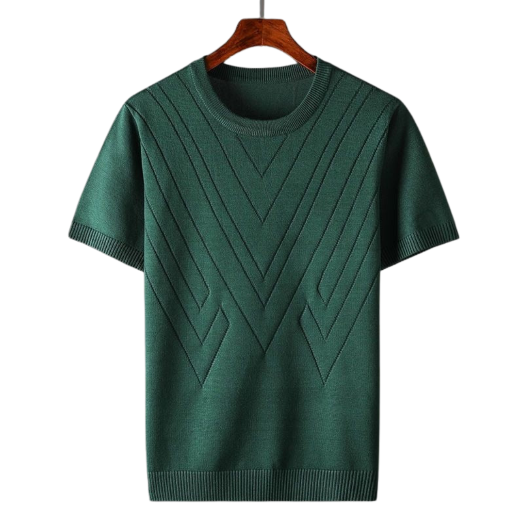Green cashmere crew-neck knit shirt with chevron V-stitch pattern, ribbed hem and cuffs