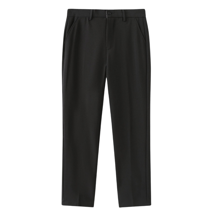 Black stretch pants with button-closure waistband and belt loops